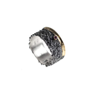Ring in Oxidized Silver 925 with 750 Yellow Gold and Ruby